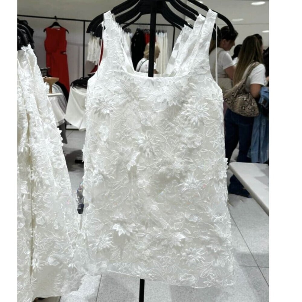 Zara 3D Floral Mini Short Dress Oyster White Sz S NWT - Picture 4 of 15